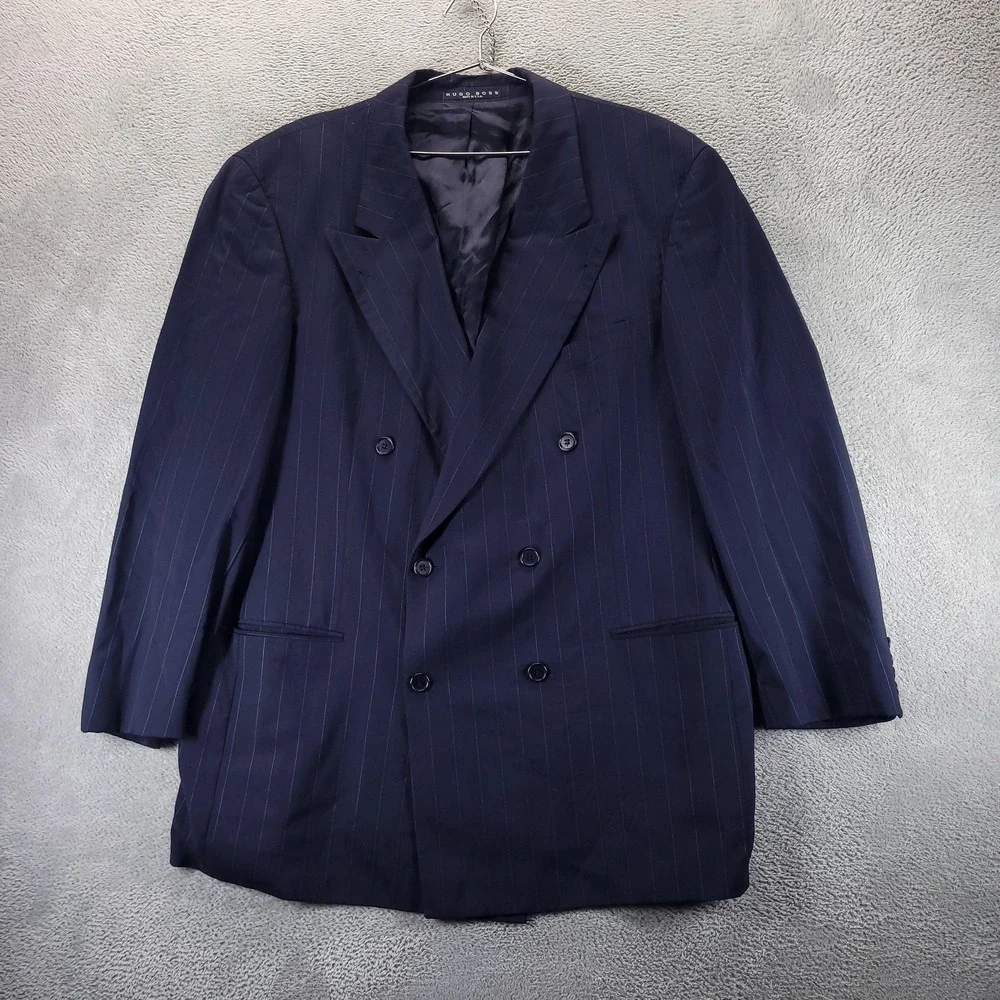 VTG Hugo Boss Suit Jacket Mens 42 Blue Pinstripe Wool Double Breasted USA